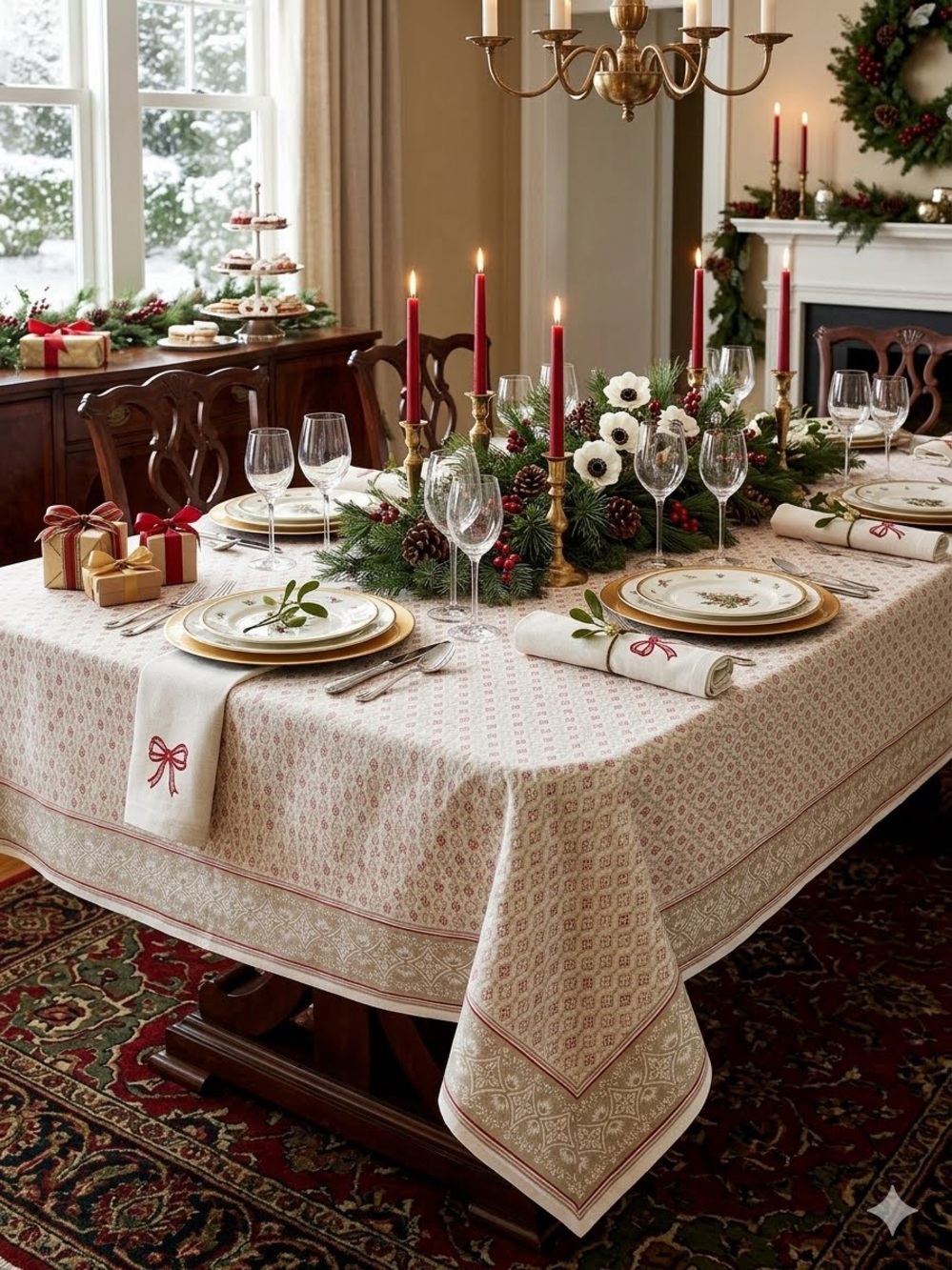 Vintage Williams Sonoma Christmas Block Print Cotton Tablecloth 70x70 Holiday